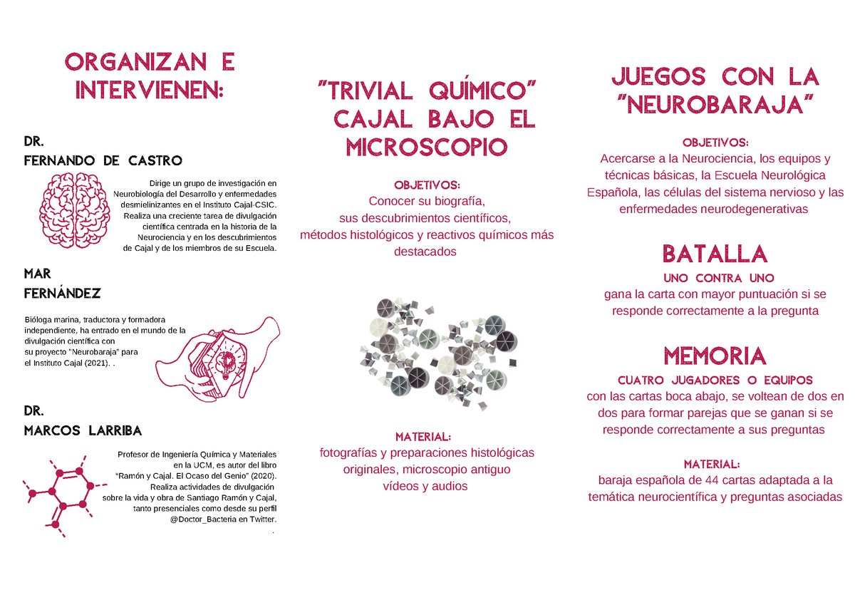 Los días 16, 18 y 21 de marzo se celebrará en el <a href="/InstitutoCajal/">Centro de Neurociencias Cajal - CSIC</a> las jornadas "Cajal de su Química a Neurodivertirse", con <a href="/FdeCastroS/">Fernando de Castro S</a>, @Doctor_Bacterias y <a href="/MdelMarFdez/">Mar FERNÁNDEZ</a> 

Más información y registro: forms.gle/LPNC2kH9ZHB8bq… 

#AñoCajal #TrivialQuímico #NeuroBaraja