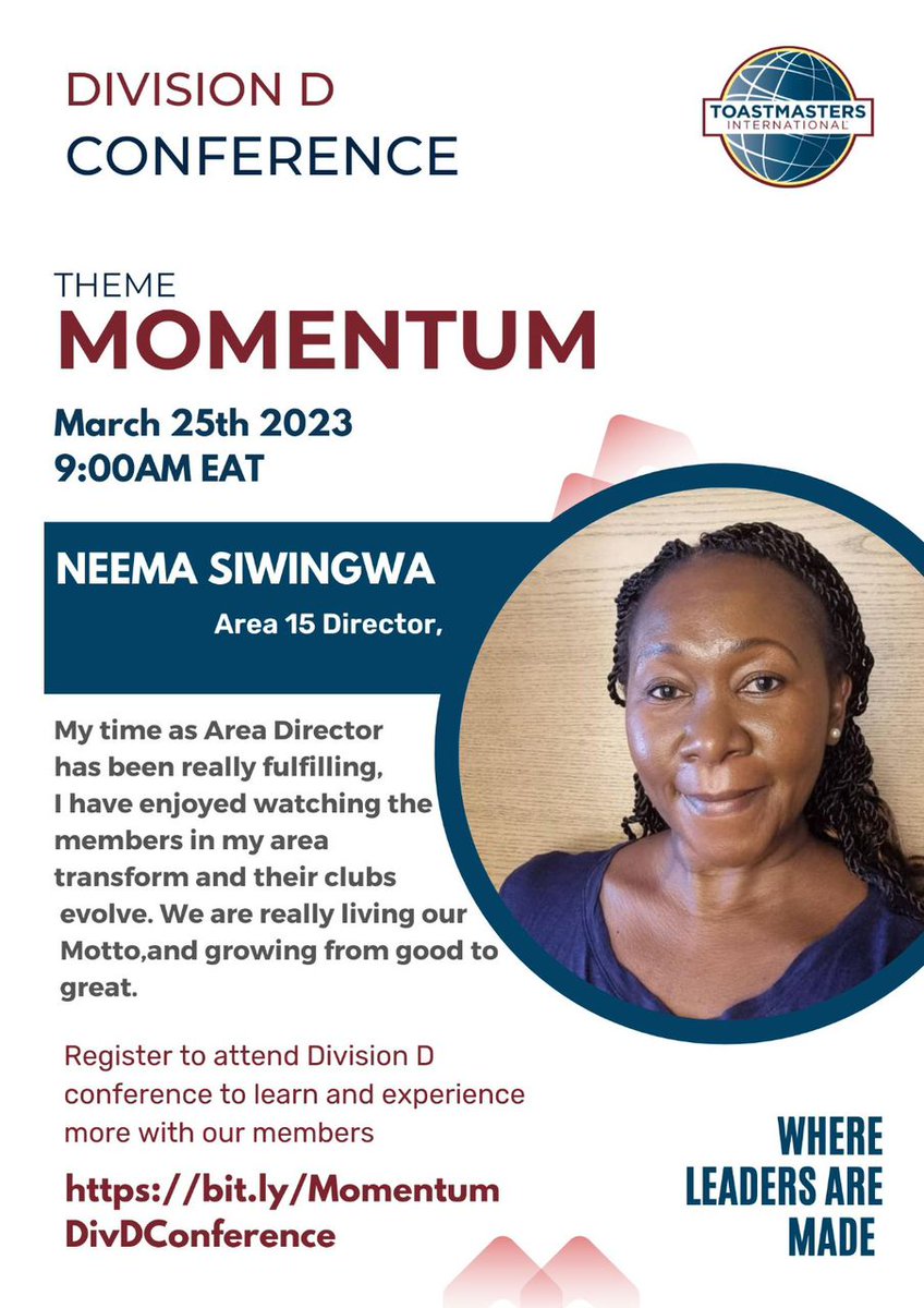 The Momentum is building up, and we are getting excited… aren’t you? Don’t miss out on this exciting conference! 

Have you registered to attend Division D conference yet? Register now and get an opportunity to meet Area 15 Director Neema Siwingwa 

bit.ly/MomentumDivDCo…