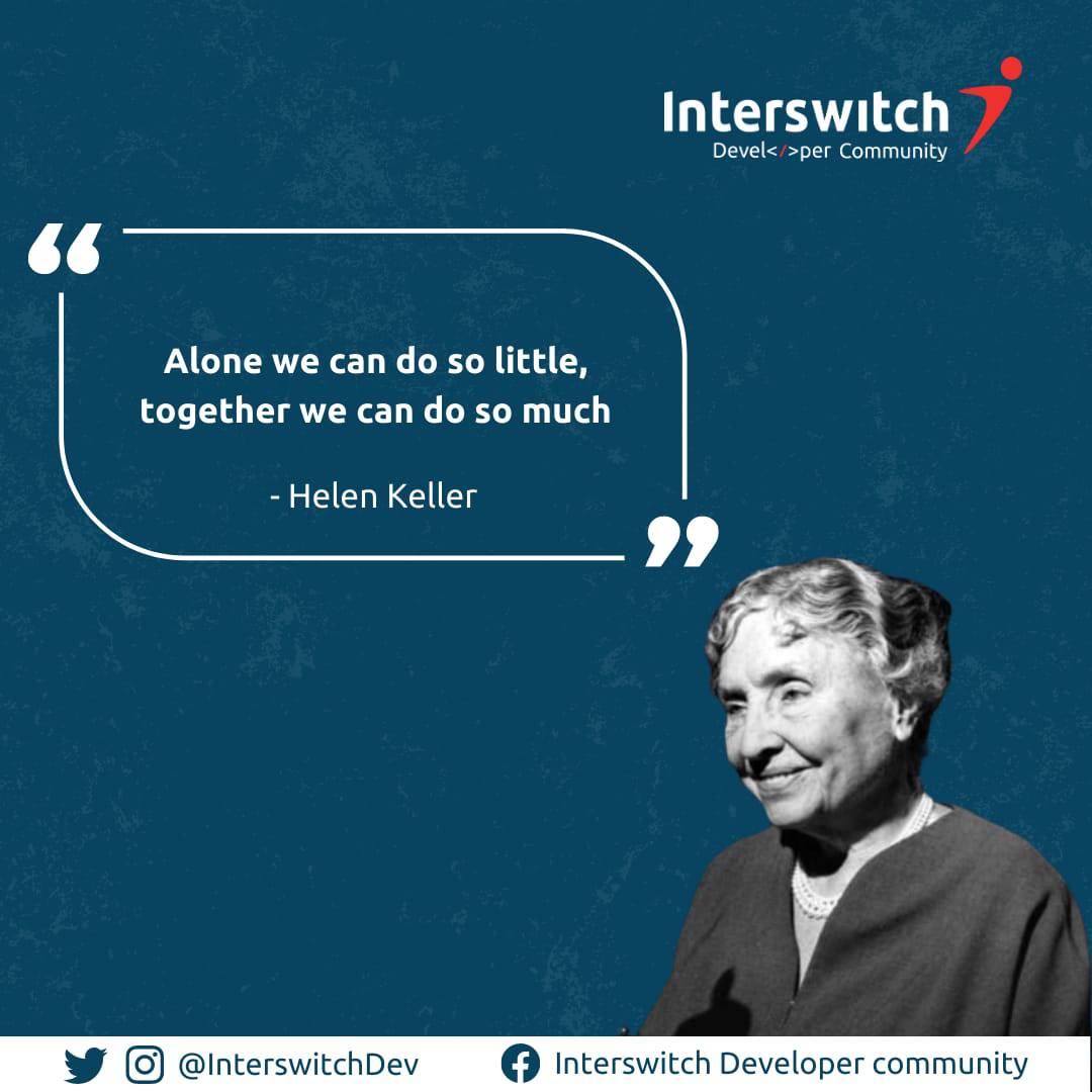 InterswitchDev's tweet image. Why strive alone, when you could do it more easily with the help of others? Our community is home to talented developers, you should join us via link in bio today if you need a team to work with. Have a productive week!🚀🚀

#InterswitchDeveloperCommunity
#InterswitchDev
#IDC