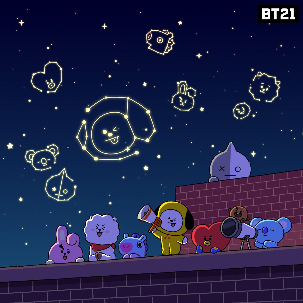 Look up! Dazzling BT21 UNIVER'STAR' in the night sky✨
UNISTARS, let’s go and see the stars tonight!💫🌌

#BT21 #NightSky #UNIVERSTAR #UNISTARS