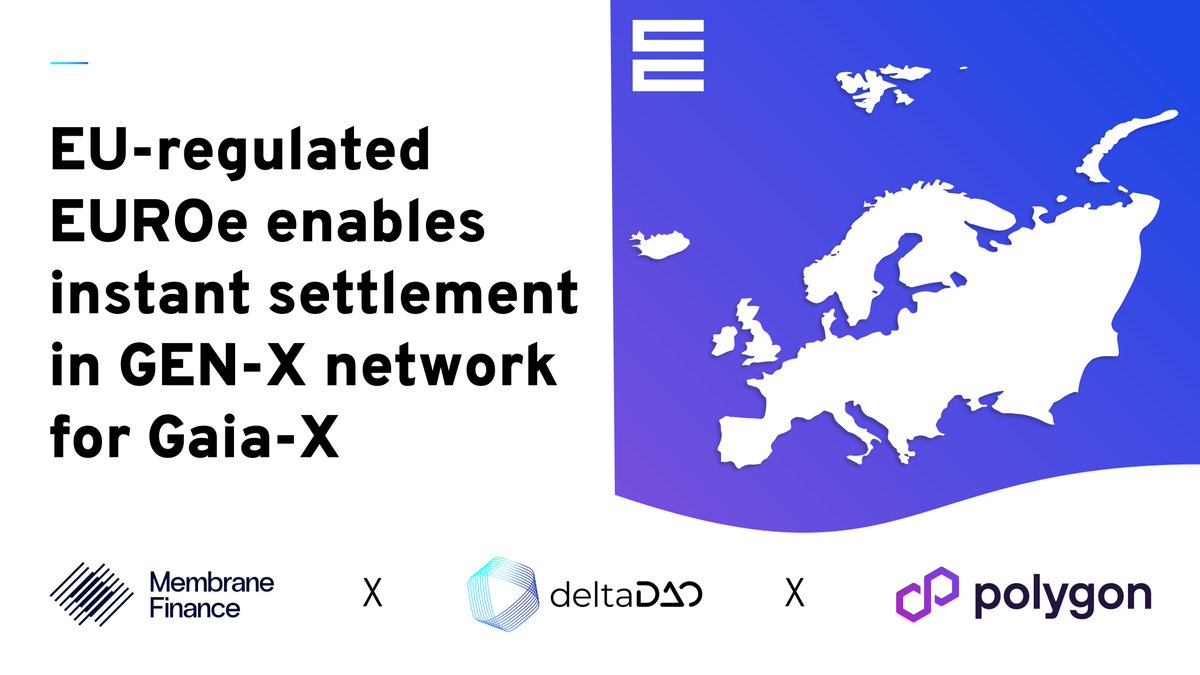 gaiax_aisbl's tweet photo. EU-regulated digital EURO „EUROe“ comes to #GaiaX to enable instant settlement for enterprises &amp; institutions. 

@deltaDAO, @MembraneFinance &amp; @0xPolygon make EU-regulated stablecoin EUROe available as settlement solution in GEN-X network &amp; Web3 ecosystem for Gaia-X. https://t.co/0Jj1cCsscB