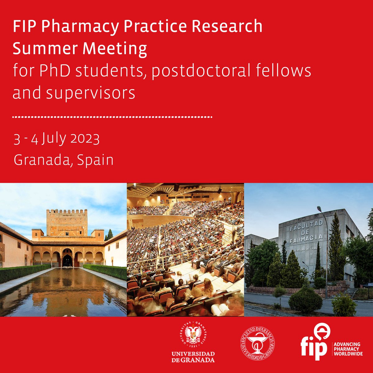 FIP_org's tweet photo. This year, the @FIP_PPRSIG is hosting its international event on #PharmacyPracticeResearch at @CanalUGR, Spain on 3 &amp; 4 July. Register by 30 June: https://t.co/wbmZym26eW https://t.co/U8o6j0xN2v