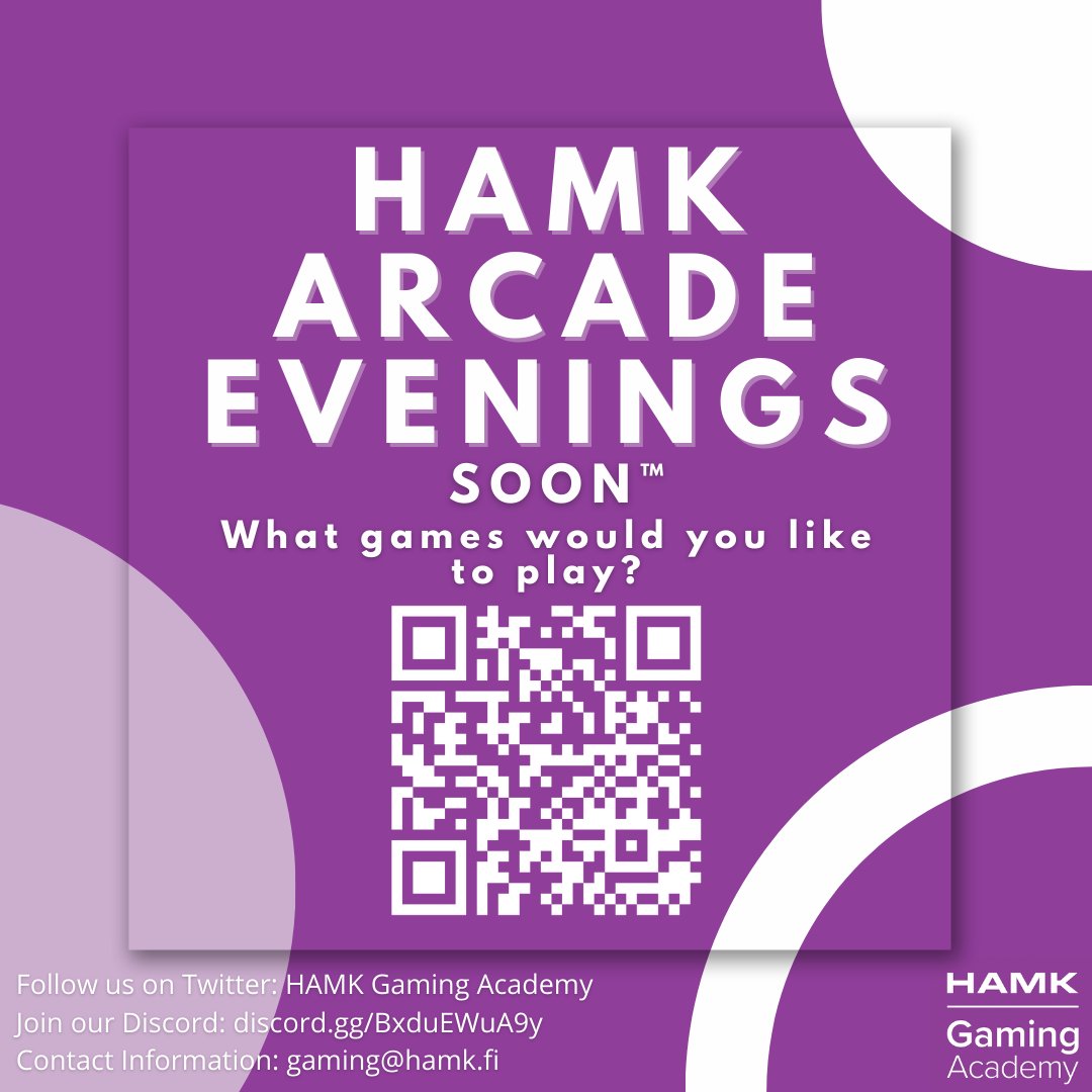 Before we publish the date and time of the upcoming HAMK Arcade Evenings we would like to ask you a few questions in survey form.

To participate in the survey, just scan the QR code in the post or click the following link:
forms.gle/BTqhYT14z8cmQZ…
#HamkGaming #HAMK #Gaming
