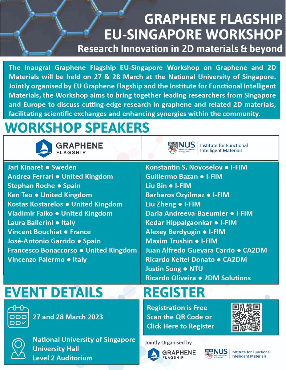 nusca2dm's tweet photo. The European Union (EU) Graphene Flagship and Institute for Functional Intelligent Materials invites all interested parties to attend the first EU-Singapore Workshop – Research Innovation in 2D Materials &amp; beyond. Register &amp; view the workshop programme at: https://t.co/xS7NjMifeZ https://t.co/J0AGMPTbXZ