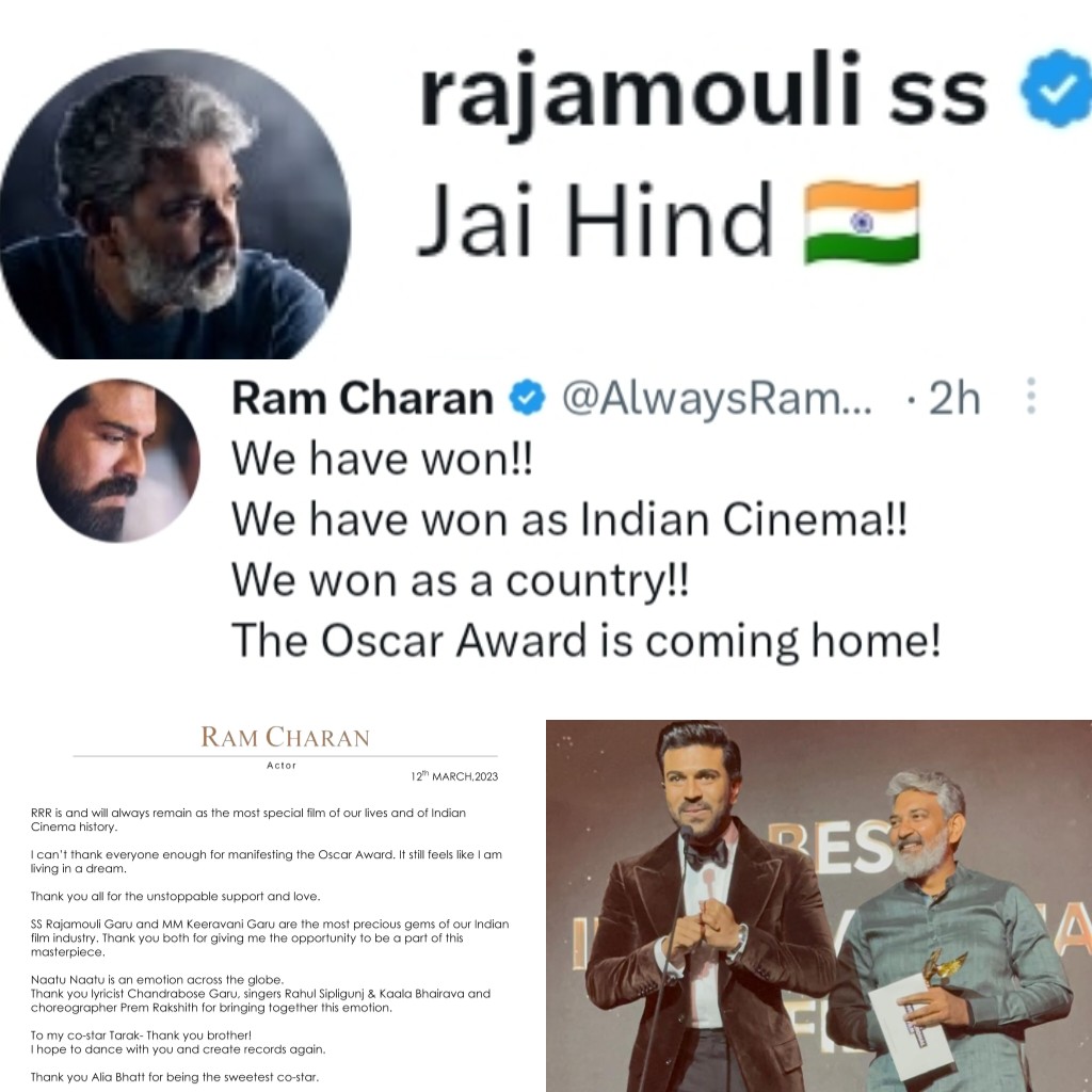 TweetRamCharan's tweet photo. The Main Men Just Said INDIA &amp; Left the Celebrations to us ❤️🙏🏻

A Better Representers of Indian Cinema Globally Will not be found. Jai Hind 🇮🇳

#Oscars @TheAcademy

#GlobalStarRamCharan @AlwaysRamCharan @ssrajamouli https://t.co/ZD0mJwOWRp