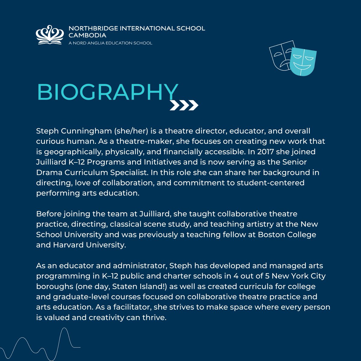 northbridgecam's tweet image. We are proud to welcome Stephanie Cunningham, Juilliard Drama Curriculum Specialist to NISC
During her visit, she will be teaching Juilliard Creative Classroom lessons, meeting our staff and experience all our performing arts here at NISC. #nisc #performingarts #juilliardschool