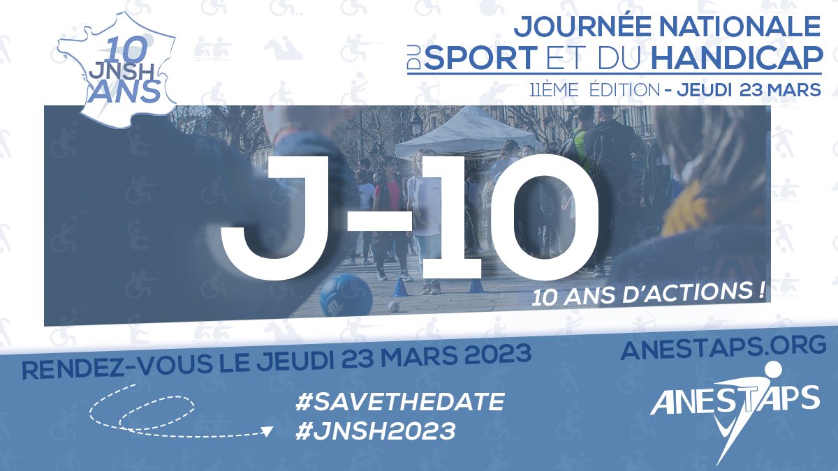[#JNSH2023🦾]

🔟 comme …🧐

🔟ans d’actions, de travail et d’engagement, au service d’un sport plus accessible aux Personnes en Situation de Handicap🤝

Mais aussi 🔟 jours avant la Journée Nationale du Sport et du Handicap 🤩

🗓️RDV le 23 mars 2023 🙌
#SAVETHEDATE