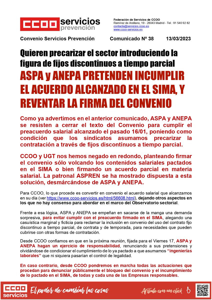 SPAs_CCOO's tweet photo. @SPAjenos @FederacionAspa y #ANEPA se resisten a cerrar #Convenio para cumplir el preacuerdo salarial alcanzado en @FundacionSIMA el 16/01, poniendo como condición q asumamos precarizar la contratación a través de fijos discontinuos a tiempo parcial
ASÍ NO!!!!
#NoPrecarySPAs https://t.co/vyjQTcd6kP