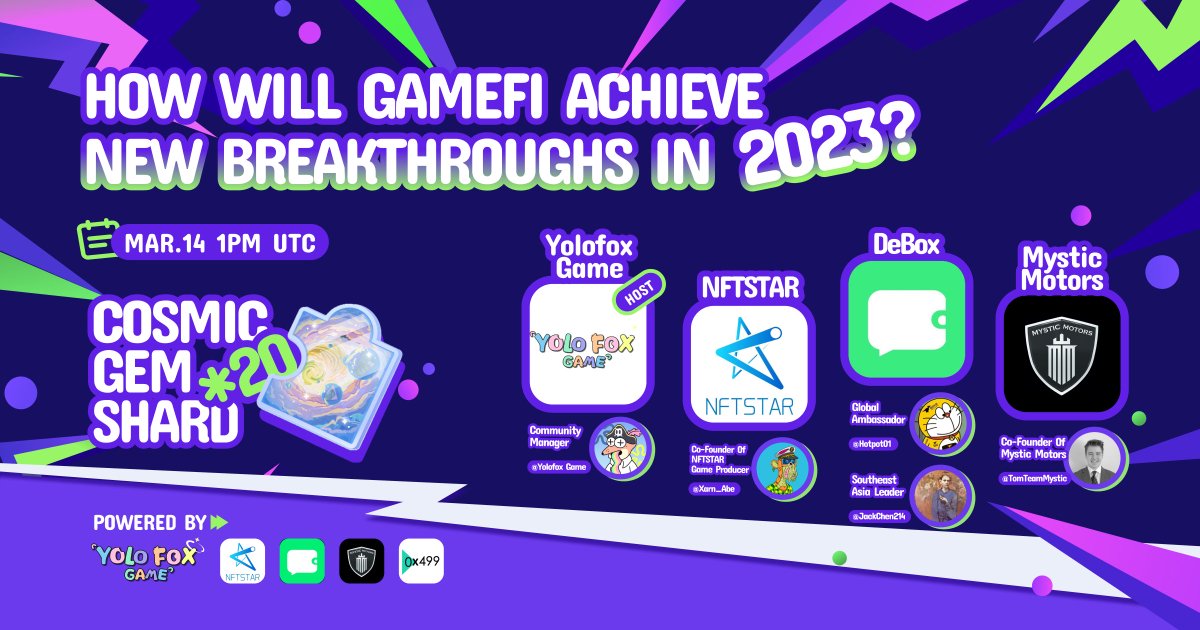 ✨How will #GameFi achieve new breakthroughs in 2023?

💞Join our space with <a href="/Xarn_Abe/">XARN</a> from <a href="/THENFTSTAR/">NFTSTAR- MetaGoal Preseason is live now!</a> , <a href="/Hotpot01/">Rico</a> <a href="/JackChen214/">CryptoJack@bitget</a> from 
<a href="/DeBox_Social/">DeBox</a> , and <a href="/TomTeamMystic/">Thomas E</a> from @MysticMotorsNFT . 

📍To enter: x.com/i/spaces/1YqGo…

🎁 Cosmic Gem Shard*10: 
❤️|RT |tag 3 |24 hrs