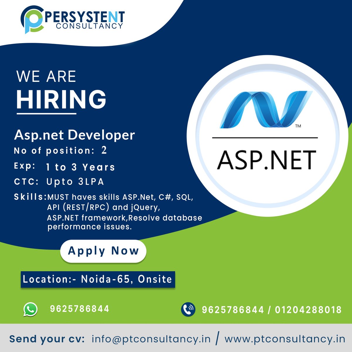 ptconsultancy1's tweet image. Hiring Asp .Net Developer 
Experience - 1 to 3 Years
Salary - Upto 3 LPA
Apply at link :-bit.ly/hiring-asp-dot…
Key Skills:- ASP.Net, C#, SQL, API (REST/RPC) and jQuery
Mail id:- ptcon2020@gmail.com

#persystentconsultancy #aspdotnetdeveloper #jobs #applynow