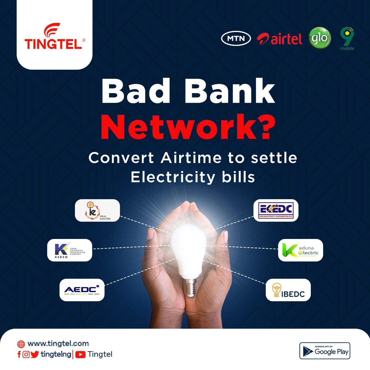 TingtelApp's tweet photo. Instantly Convert Airtime to settle electricity and cable tv bills. 👍

It's super easy! Check out our 'Airtime bills' feature https://t.co/6jzZvIxLXT https://t.co/kKNbU3k0sl