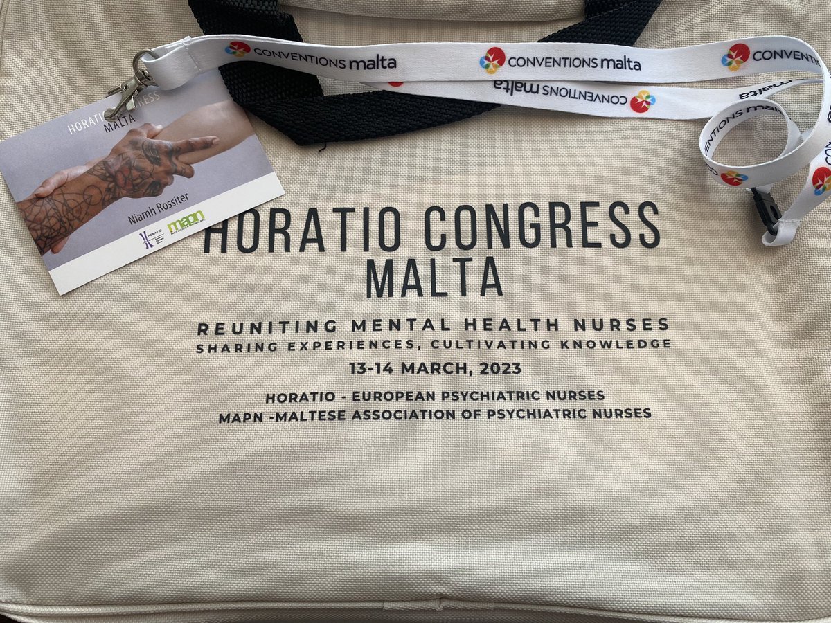 NiamhRossiter's tweet photo. First day reuniting mental health nurses from around the world 😀 #horatiomalta2023 #mentalhealthnurses #conference #advancednursing #RANP #ANP #learning #malta #WHO #humanrights #representingIreland #psychiatricnurse https://t.co/w92Xy7cGMj