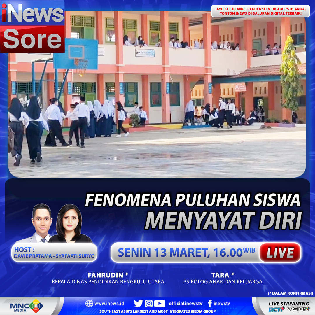 SeputariNews's tweet photo. Saksikan iNews Sore 'Fenomena Puluhan Siswa Menyayat Diri', Senin, 13 Maret 2023, Pukul 16.00 WIB, hanya di iNews.
#iNews #iNewsSore #Siswa #Sayat #diri https://t.co/YTqbc5pRR7