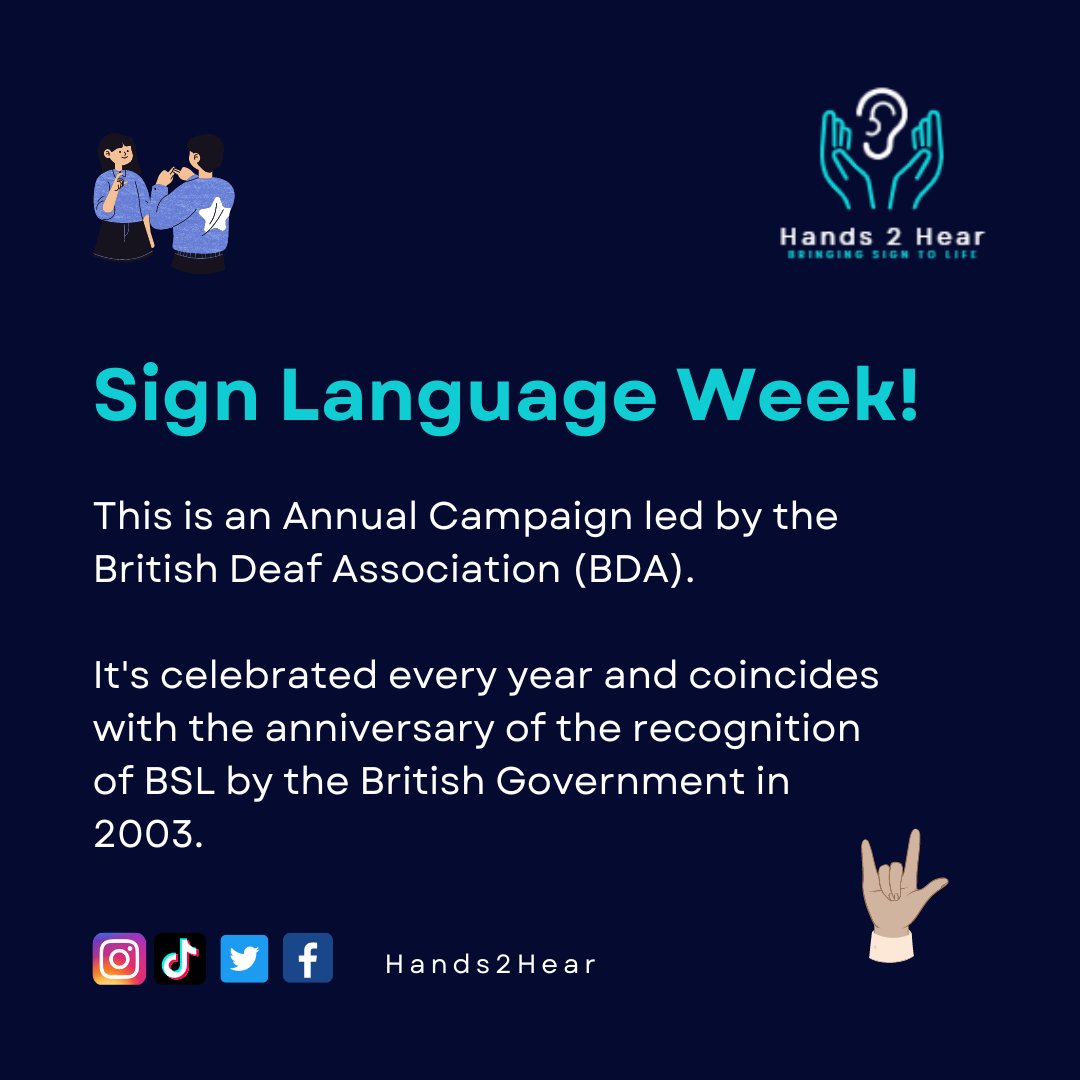The aim of the Sign Language Week campaign is to encourage people across the UK to take up the challenge of learning British Sign Language (BSL) and finding out more about it’s rich language and the wonderful culture of Deaf people. 1/2