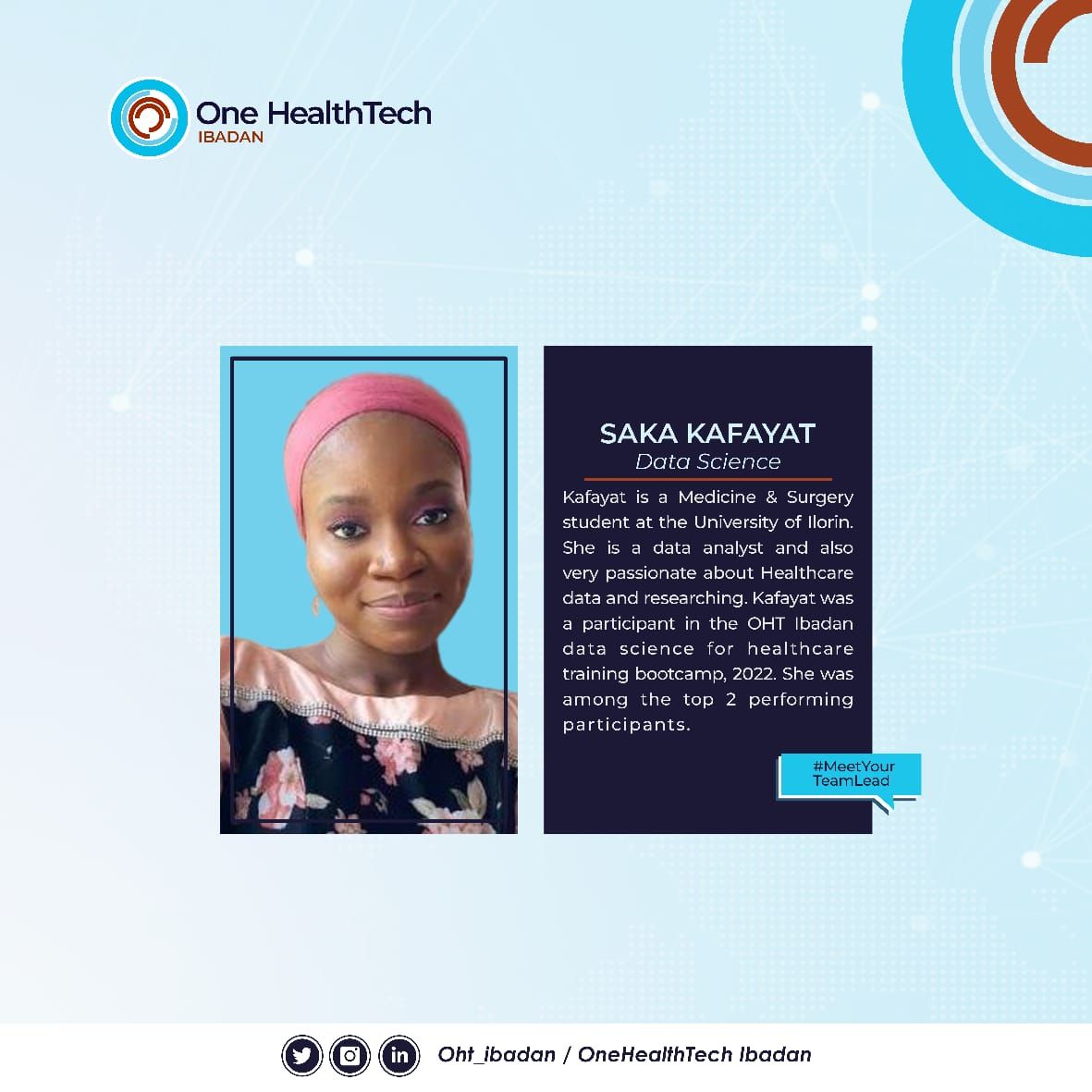 🥉Team Lead Spotlight

<a href="/kafayatt_/">Kafayat</a> is a Medicine and Surgery student at the University of Ilorin, Nigeria. She is a Data Analyst passionate about Healthcare data and Research. She was a Participant in the <a href="/OHT_ibadan/">One HealthTech Ibadan</a>  DS Bootcamp and emerged as the Best Performing Participant.#IWD