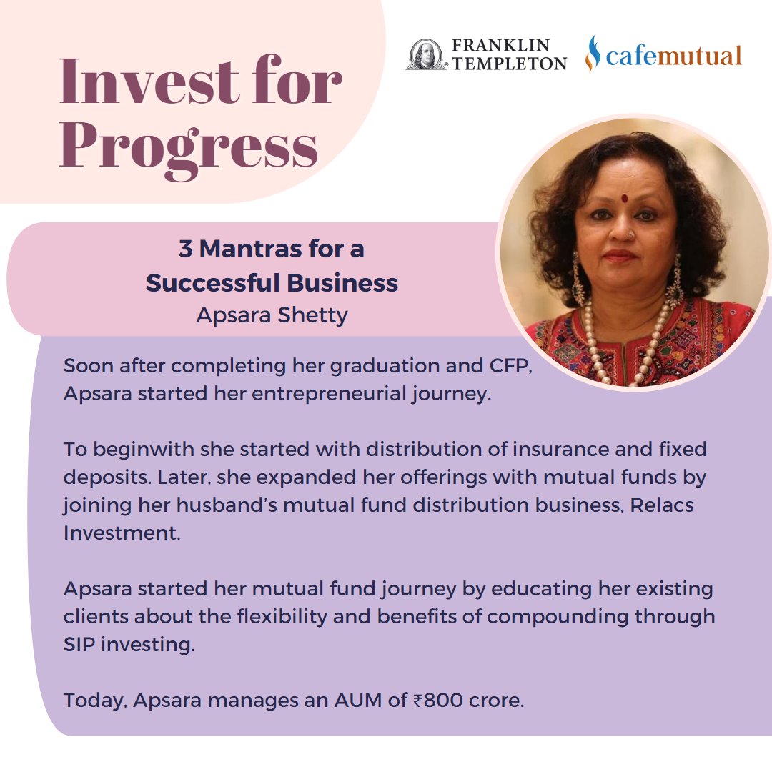cafemutual's tweet photo. Invest For Progress - initiated by Franklin Templeton India in association with Cafemutual, celebrates the remarkable journey of women MFDs who overcame hurdles &amp; created a mark for themselves.
Take a look at Apsara Shetty's story! 
@FTIIndia #Investforprogress https://t.co/cQpAKmfjeo