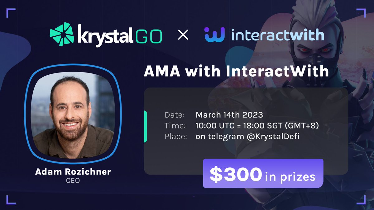 🎙Krystal will be doing an AMA with <a href="/_InteractWith/">InteractWith</a>! Let’s join us!

📆March 14th
⏰10:00 UTC = 18:00 GMT+8
📌 t.me/KrystalDefi

$300 in prizes - 5 Live Quiz Winners &amp; 5 Gleam Winners

To win:
- Like, RT
- Comeplete the Gleam: gleam.io/competitions/t…