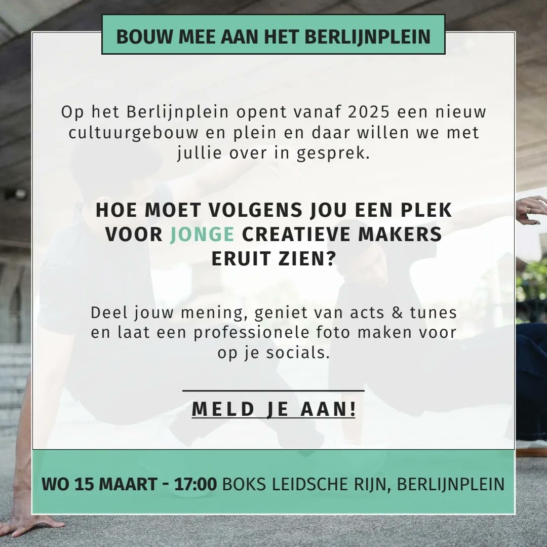 Jongeren van 12 tot à 21 jaar kunnen woensdag vanaf 17u meedenken over hoe het Berlijnplein ook een plek voor hen wordt. Ken jij jongeren uit Leidsche Rijn, Vleuten-De Meern of daarbuiten? Vertel ze over deze toffe sessie met muziek en meer bij <a href="/BOKSCultuurhuis/">BOKS Jongerencultuurhuis</a> <a href="/Berlijnplein030/">berlijnpleinutrecht</a>