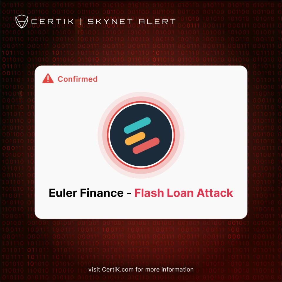 CertiKAlert's tweet photo. #CertiKSkynetAlert 🚨

We have seen a Flash loan attack on @eulerfinance

In total, over 41m DAI has been stolen so far.

Attack appears to be ongoing 

Stay vigilant! https://t.co/qj5qNFUOb4