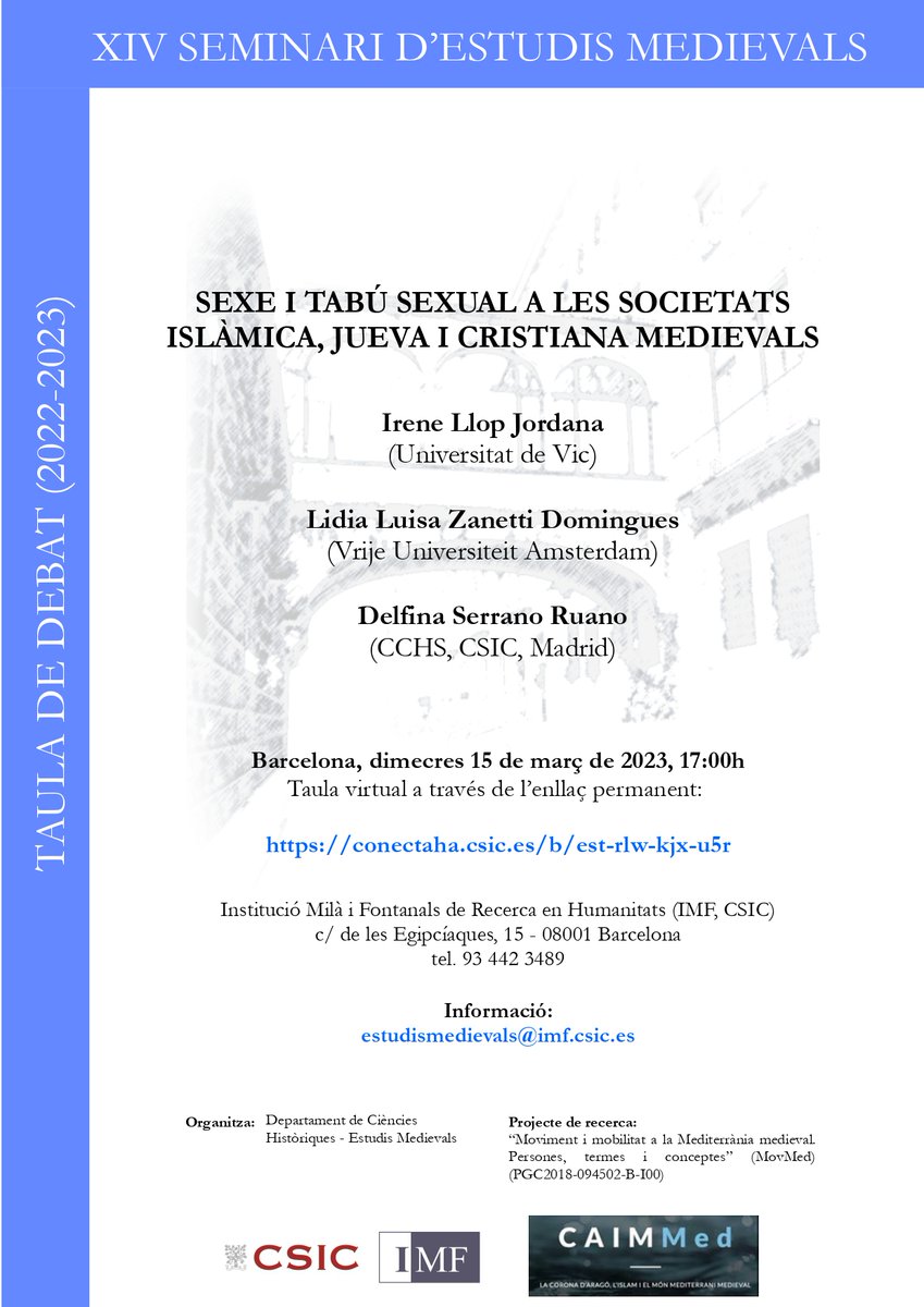 Tot a punt per parlar de tabús sexuals i transgressions als calls catalans! Dimecres parlarem de sexe i tabú sexual a les societats medievals a la #tauladedebat amb #LidiaLuisaZanetti i #DelfinaSerranoRuano
