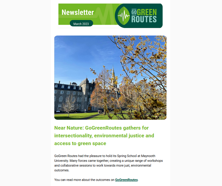 📰 Our March e-newsletter is here! See the latest updates from @GoGreenRoutes and related #urbangreening initiatives🌲🚶‍♀️  bit.ly/3laJkJQ

Walk with us🥾and 🔄 subscribe to our updates at 🍀gogreenroutes.eu