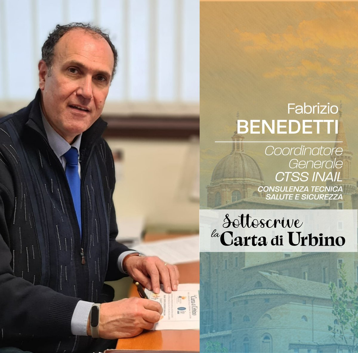 RubesTriva's tweet image. ➡ Fabrizio Benedetti, Coordinatore Generale #CTSS @inail_gov  ha sottoscritto la #Carta di #Urbino - per il #benessere della persona che #lavora

🔹 Contribuisci a migliorare le condizioni di #lavoro e a mettere in #sicurezza i #lavoratori, firma la #Carta di #Urbino