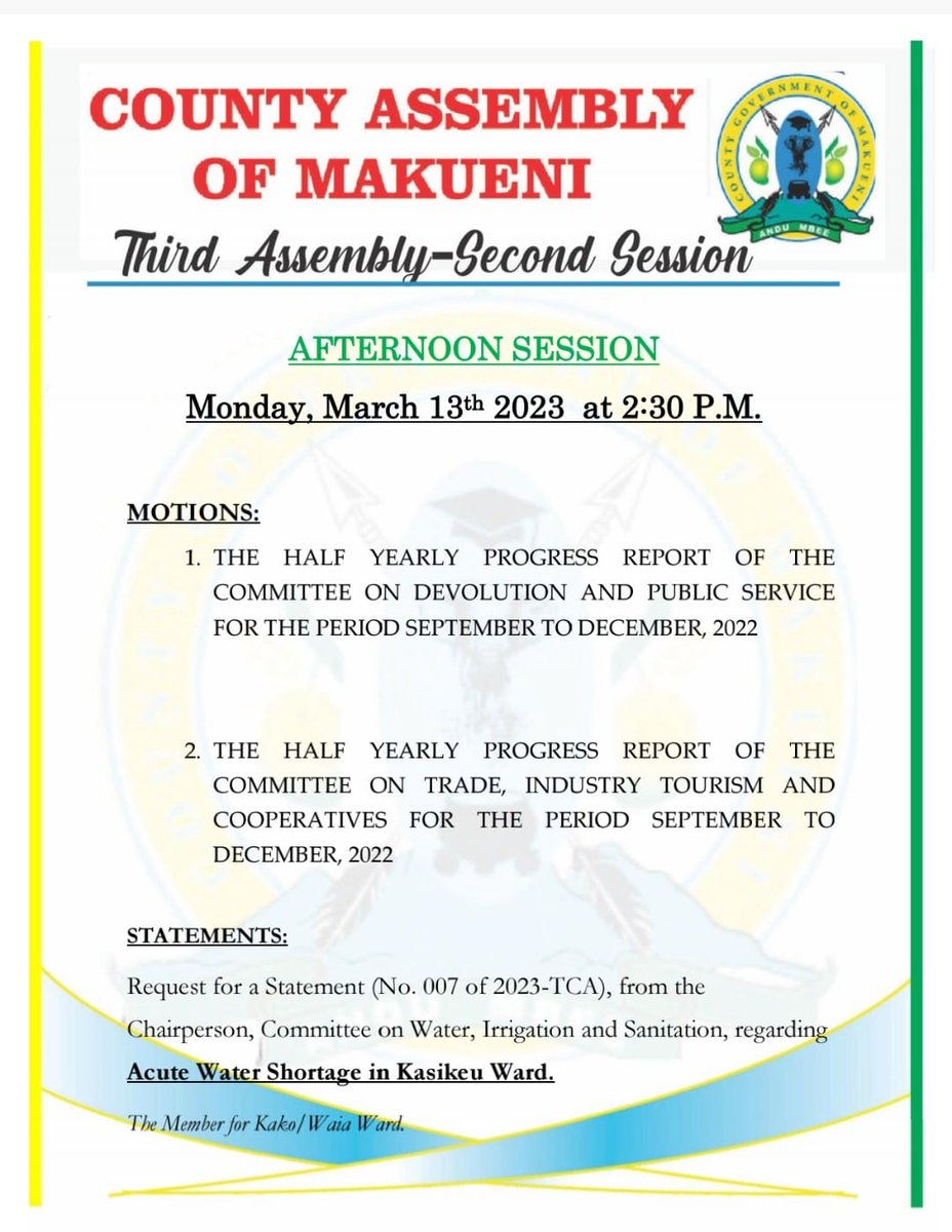 The Assembly resumes plenary sittings this afternoon. Here is a brief of the Order Paper.