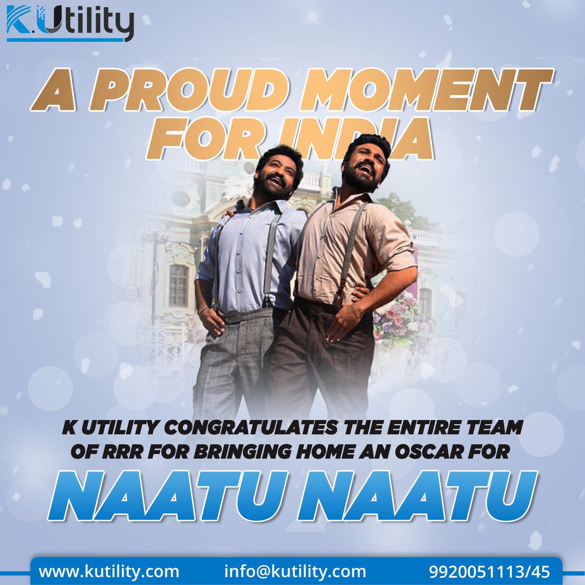 kutility2017's tweet photo. Award Winning moment for the team ''RRR''. 
''Naatu Naatu''- Won Best Original Song at Oscars.

K.Utility's team congratulates the entire team of RRR for their outstanding achievement! 

#kutility
#naatunaatu #oscars #oscars95 #rrrmovie #rrr #ramcharan #jrntr #digitalmarketing https://t.co/M3Ht1XnIp9