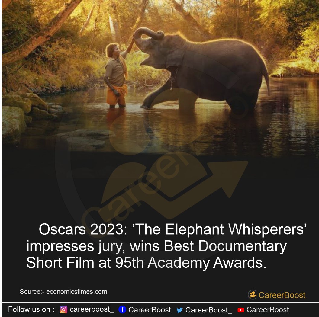 Oscars 2023:- 'The Elephant Whisperers' wins Best Documentary Short Film at 95th Academy Awards.
Director :- Kartiki Gonsalves.
Duration:- 41 minutes.
#careerbooster #currentaffairstoday #SSC #dailyupdates #civilservicespreparation 
#gk #upsc #governmentjobs #computerknowledge