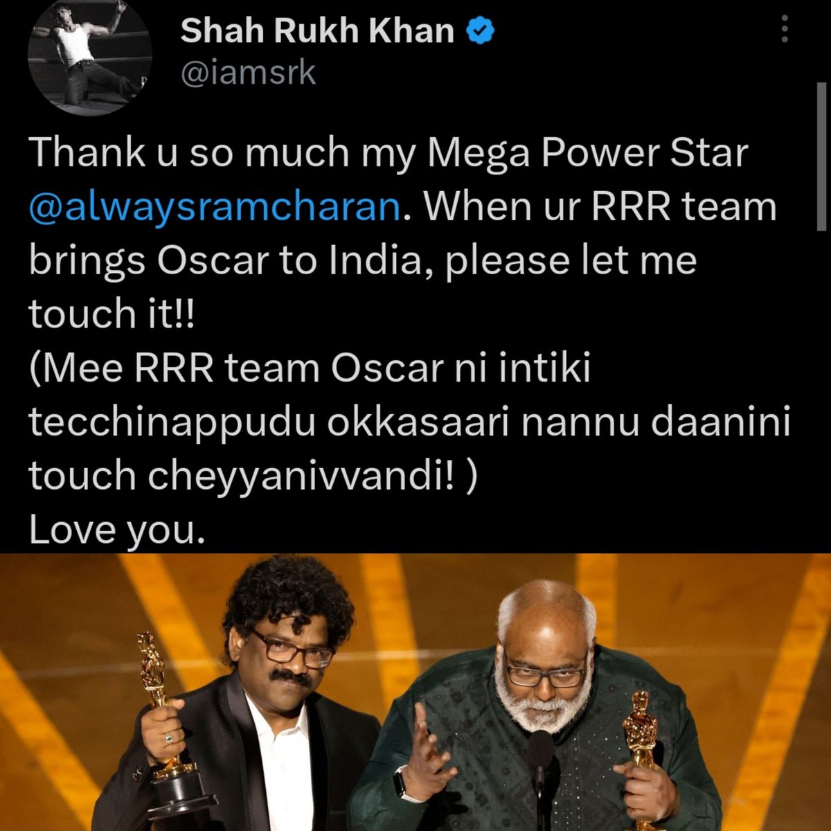 JacyKhan's tweet photo. @iamsrk @guneetm @EarthSpectrum @mmkeeravaani @ssrajamouli @AlwaysRamCharan @tarak9999 My happy baby... Knew you will tweet 💖 It's coming home baby, You woke up with a good news &amp; a big smile today 💖 Your friend will bring it to you on your way to bless it with your auspicious touch 🤌🏼  And you mentioned both as a proud insian, Good people won 💖 https://t.co/eahjdZzo6C