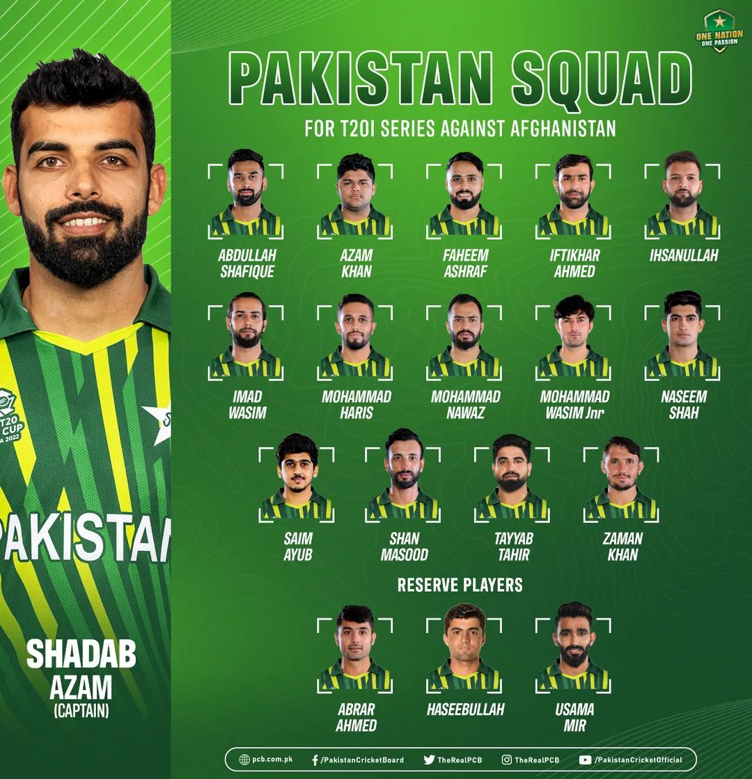 AyeshaEhtishamm's tweet photo. ๐จ Pakistan squad for T20I series against Afghanistan in Sharjah ๐จ
#AFGvPAK | #HBLSPSL8 https://t.co/9vB2NmRxLT
