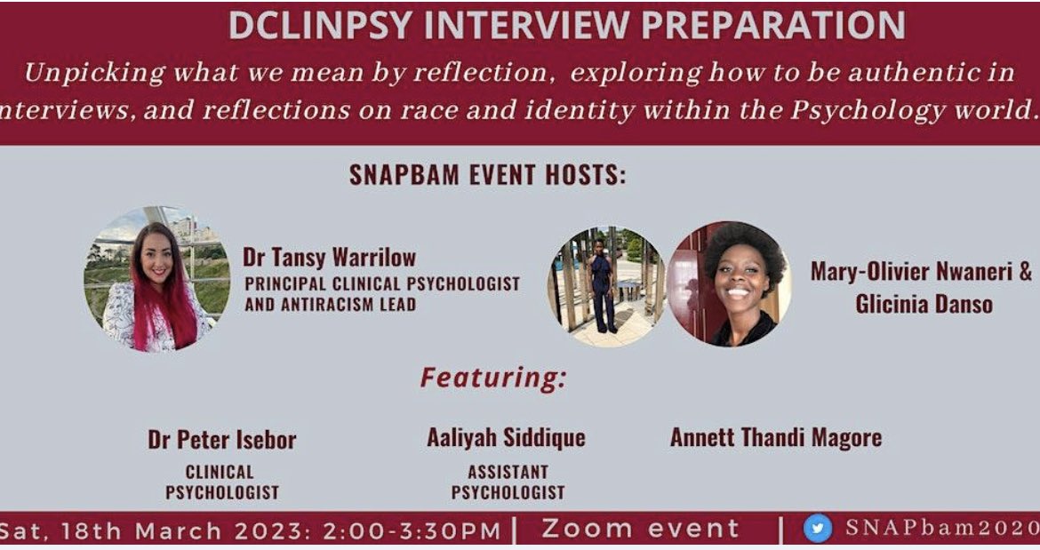 Our next upcoming event is ClinPsyD Interview preparation. We have invited Dr. Tansy Warrilow and very esteemed colleagues to help our aspiring psychologists!😊. The aim of the session is below. We’ll be thinking about race &amp; identity too