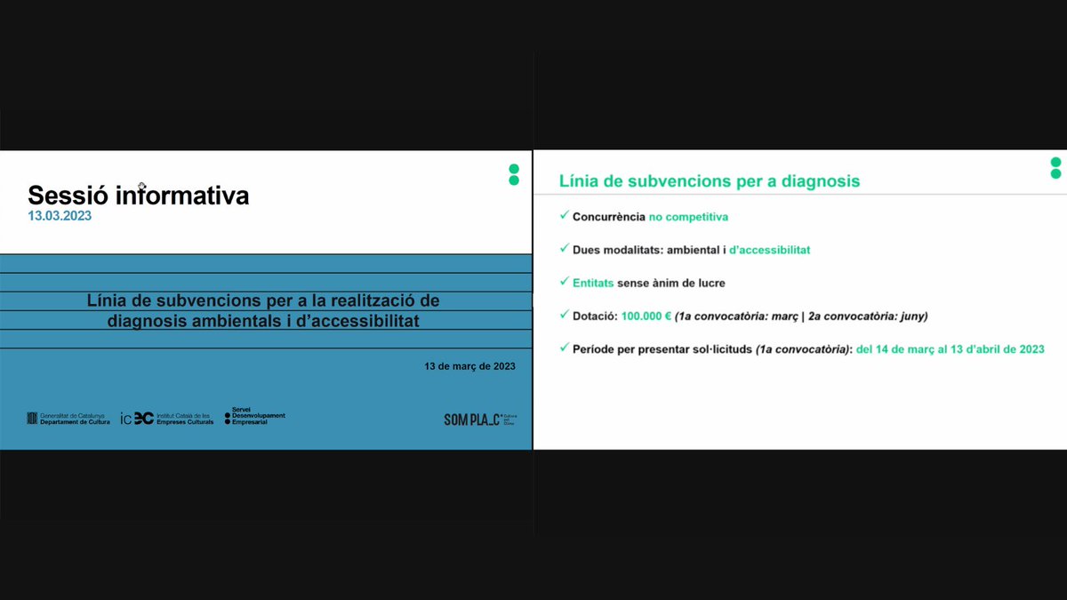 Presentem els detalls de la línia de subvencions per a diagnosis ambientals ♻️ i d’#accessibilitat.

🆕 La modalitat d'accessibilitat és una de les novetats d’enguany, com també el fet que s’hi poden acollir entitats culturals sense ànim de lucre.

#PlaC_CulturaPelClima #SomPlaC