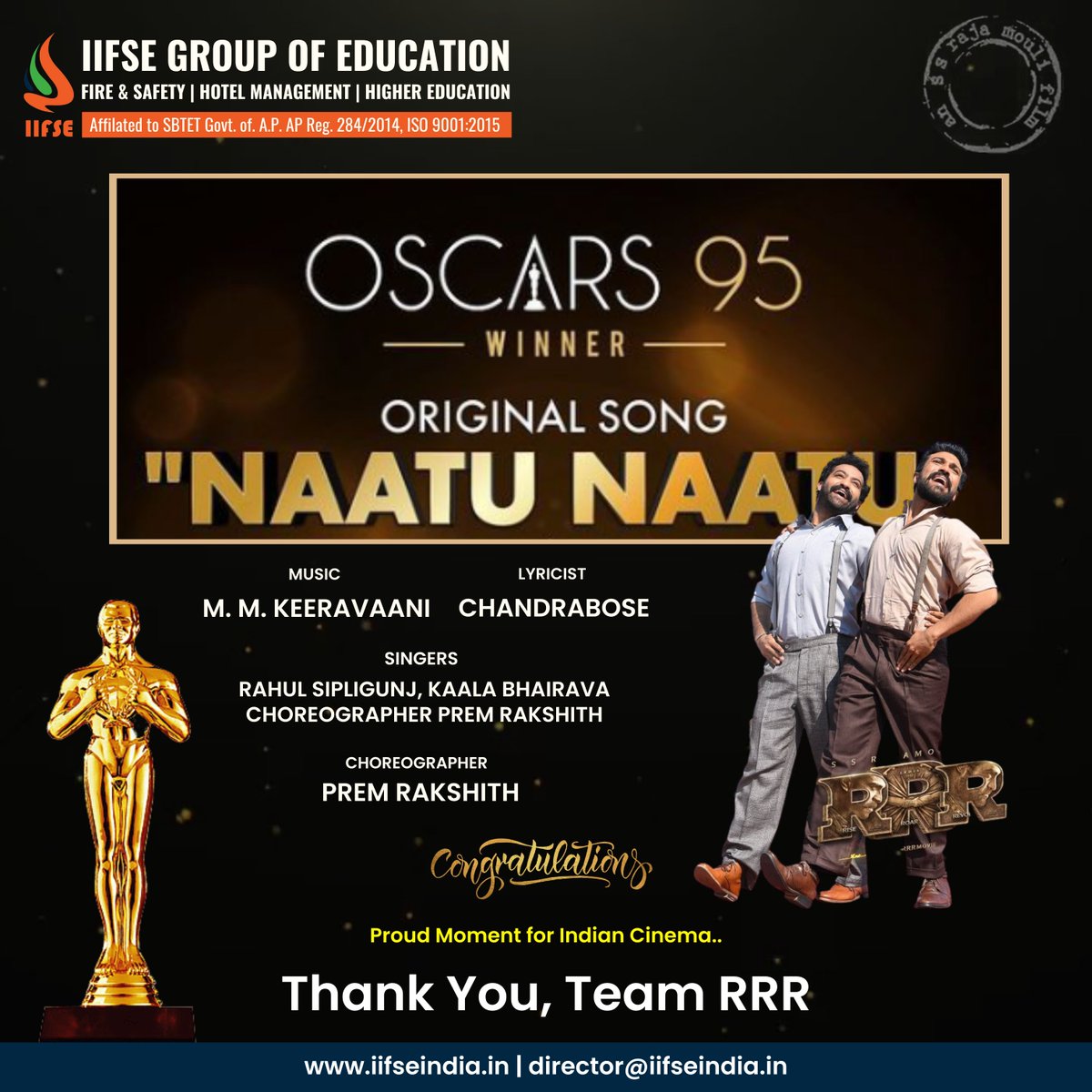 INSTITUTEOFIND2's tweet photo. OSCARS 95 WINNER
Original Song "Naatu Naatu
Music: m.m.keeravaani
Lyricist: Chandrabose
For Admissions Call us +919704106261
#happyholi #SBTETcourse #Sbtetindustrialsafetycourse #visakhapatnam #firesafety #industrialsafety #fireandsafetycourses
#iifseindia #iifsefireandsafety https://t.co/aIdVi9fay7