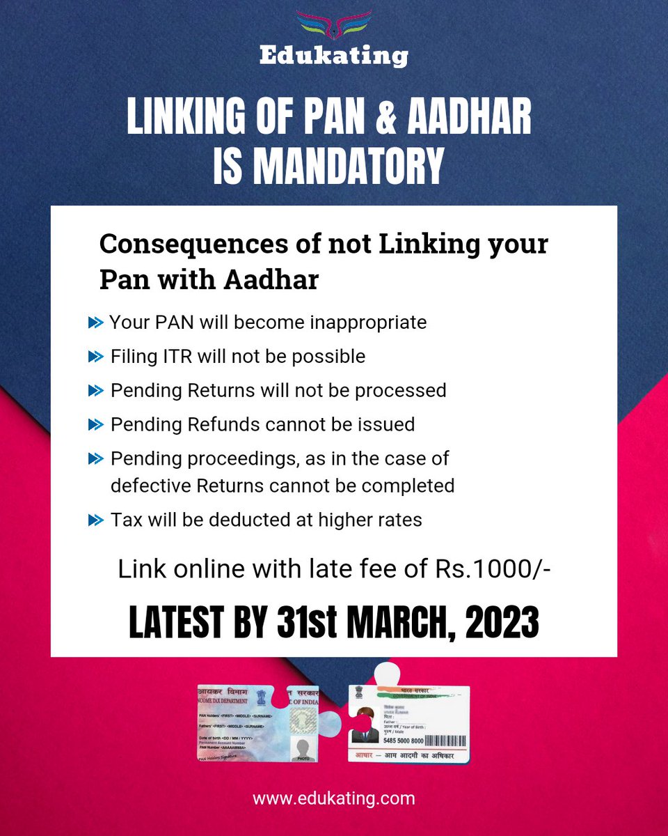 chhajer_ca's tweet photo. LINKING OF PAN &amp; AADHAR IS MANDATORY.
Link online with late fee Rs. 1000/-
By latest 31st March, 2023.
#pancard #aadharcard #linkpanwithaadhar #incometax #penalty #duedate #latefee #AadharCard #socialmediapower #TrendingNow #gst #gstnetwork #gstupdates #gstportal #edukating https://t.co/vc90A61Xlj
