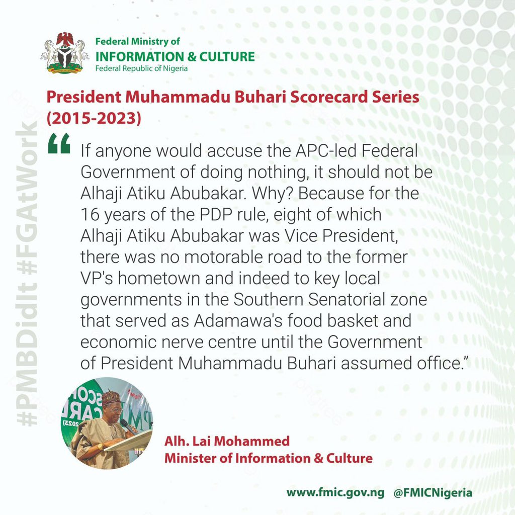Tinubufrontier's tweet photo. [PHOTO NEWS]
Minister of Information and Culture, Lai Mohammed replies the former Vice President #Atiku Abubakar on his claim of underperformance by the Buhari led administration. #PMBScorecard @iyaboawokoya 

#Senate #President #SupremeCourt #atikuoncesaid https://t.co/Uo1WQQifCD