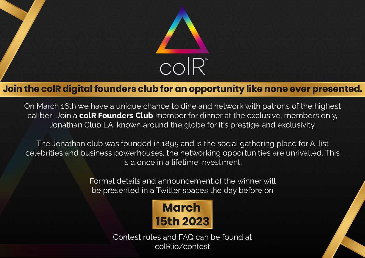 @Yourpop8 @YourPOP Ready to take your networking game to the next level? 🤝 Join a colR Founders Club member for dinner at the prestigious Jonathan Club LA on March 16th. This is an opportunity you won't want to miss. #networkingopportunities #exclusiveevent #colRfoundersclub