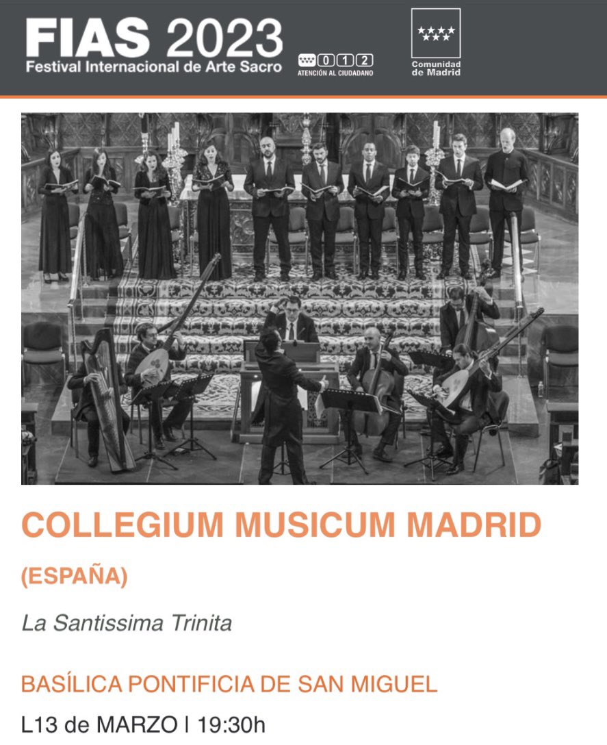 #AgendaConciertos 

Esta tarde en el #FIAS2023 de <a href="/CulturaCMadrid/">Cultura▪️Comunidad de Madrid</a>, el grupo dirigido por Manuel Minguillón, #CollegiumMusicumMadrid, acompañado por 5 grandes solistas, presenta el estreno del oratorio La Santissima Trinita de A. Scarlatti.

📌Lun 13 | 19:30h
en <a href="/BasilicaSMiguel/">Basílica San Miguel</a>