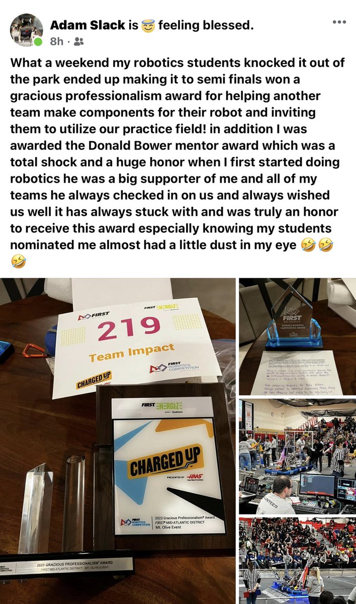 Congratulations Adam Slack!!!! So well deserved.  Congratulations also to Team Impact 219!!!  What a way to kick off our season.