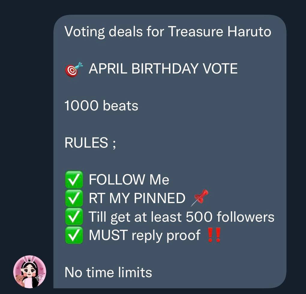 misharuki's tweet photo. MUBEAT DEAL FOR #HARUTO (1k hbs)
• follow @rei_oruka (must reach 500+)
• rt pinned
• reply PROOFS
ALL FOR HARUTO #HARUTODEALS
#하루토 @treasuremembers https://t.co/NFiMjJZ8PW