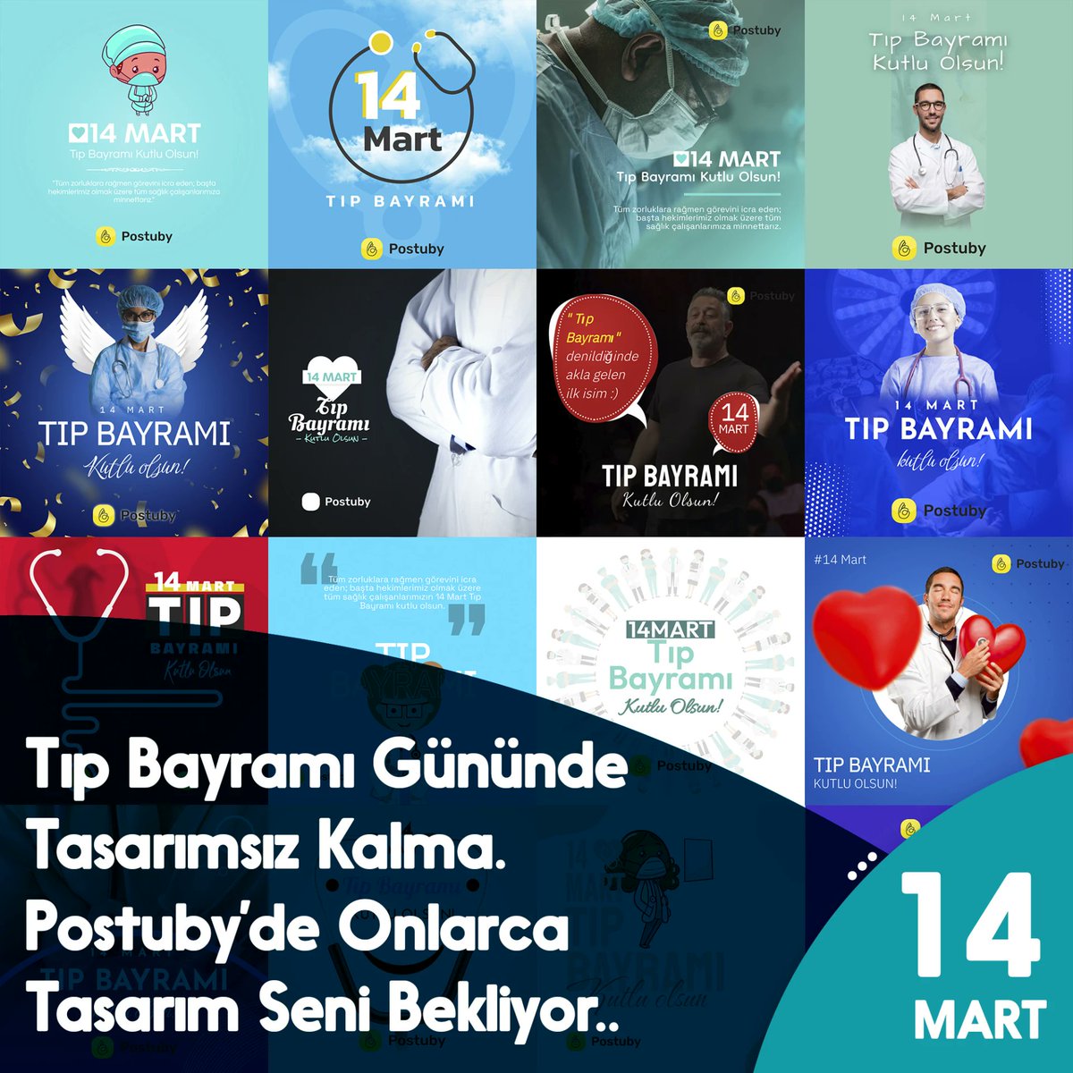postubycom's tweet photo. Tıp Bayramı'nda "ne paylaşsam?" diye düşünenlere müjde! Postuby olarak sizin için hazır tasarımlarımız var. Tasarım yapmak için binlerce dolar harcamanıza gerek yok, bizim platformumuzda kolayca tasarımınızı yapabilirsiniz.💉👨⚕️👩⚕️ 

#TıpBayramı #SağlıkÇalışanları #Postuby https://t.co/yXGDI8kJCA