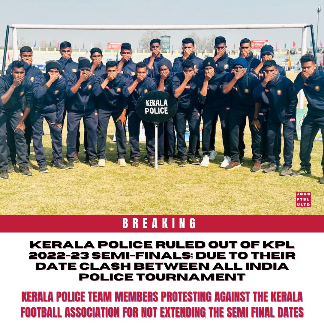 jogo_ftbl_ultd's tweet photo. 🚨 Breaking : Kerala Police ruled out of KPL 2022-23 Semi-Finals; due to their date clash between their All India Police Tournament

Kerala Police team members protesting against the KFA for not extending the semi final dates
(1/2)
#keralafootball https://t.co/0nKq6ybYWU