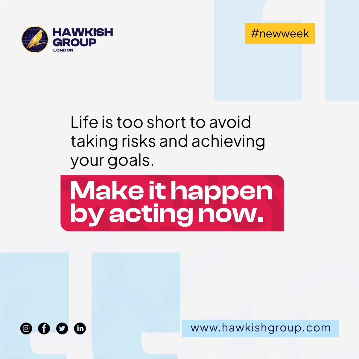 hawkishGroup's tweet photo. Taking risks can be scary, not doing so could be worse. Dare to pursue your goals and follow the experience wherever it leads.  

At Hawkish Group we are dedicated to seeing that you achieve your business goals.

https://t.co/4F7n4KWshA 

#hawkishgroup #newweek #businessgoals https://t.co/wA6bUoAGzd