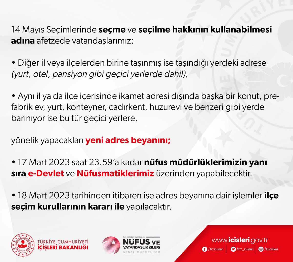 14 Mayıs seçimlerinde seçme ve seçilme hakkını kullanabilmesi adına afetzede vatandaşlarımız için duyuru❗️⬇️ <a href="/TCNufus/">Nüfus ve Vatandaşlık İşleri Genel Müdürlüğü</a> #HayatınızınHerAnında