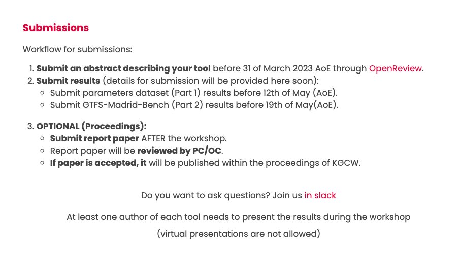 KGC Workshop (Inactive account) (@kgc_workshop) on Twitter photo We are launching the 1st KG Construction Challenge at <a href="/eswc_conf/">ESWC Conferences</a> 🔊🔊🔊
Do you have a KGC engine and want to test its performance? Consider participating!
Send an expression of interest ➡️➡️ 31/03
Submit your results ➡️➡️ 12-19/05
Details ➡️➡️ w3id.org/kg-construct/w… We are launching the 1st KG Construction Challenge at <a href="/eswc_conf/">ESWC Conferences</a> 🔊🔊🔊
Do you have a KGC engine and want to test its performance? Consider participating!
Send an expression of interest ➡️➡️ 31/03
Submit your results ➡️➡️ 12-19/05
Details ➡️➡️ w3id.org/kg-construct/w…