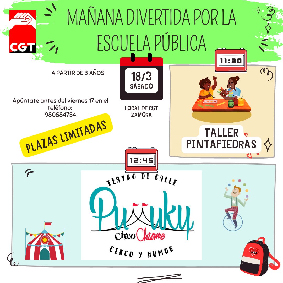 CgtDocentesCyl's tweet photo. ESTE SÁBADO DÍA 18, TALLER PINTAPIEDRAS Y ACTUACIÓN DE PUMUKY. APUNTATÉ ANTES DEL VIERNES 17. A PARTIR DE 3 AÑOS EN LA SEDE DE CGT ZAMORA. https://t.co/j9sQEWPcUw