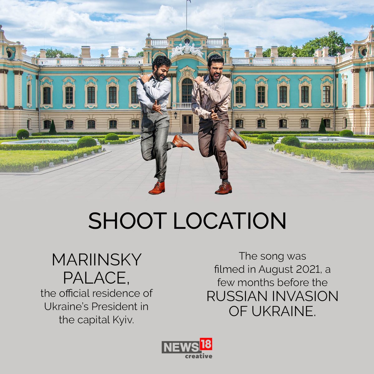 Nw18Graphics's tweet photo. Did you know #NaatuNaatu, the first Indian film song to win an #Oscar was shot at Mariinsky Palace, the official residence of #Ukraine's President in #Kyiv?

The song was filmed in August 2021, a few months before the Russian invasion of Ukraine.
#RRR #SSRajamouli #AcademyAwards https://t.co/OxbwM6WM8N