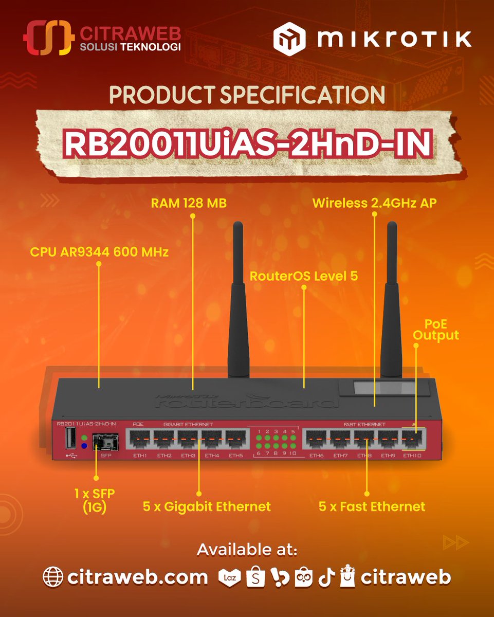 citraweb_com's tweet image. MikroTik RB2011UiAS-2HnD-IN adalah seri perangkat Access Point Indoor multi port dengan harga yang terjangkau untuk penggunaan dalam ruangan.

Segera lakukan pembelian melalui:
🛒 citraweb.com/produk/385/

#RouterIndoor #RB2011UiAS #HomeRouter #WirelessRouter #DualChain #MikroTik