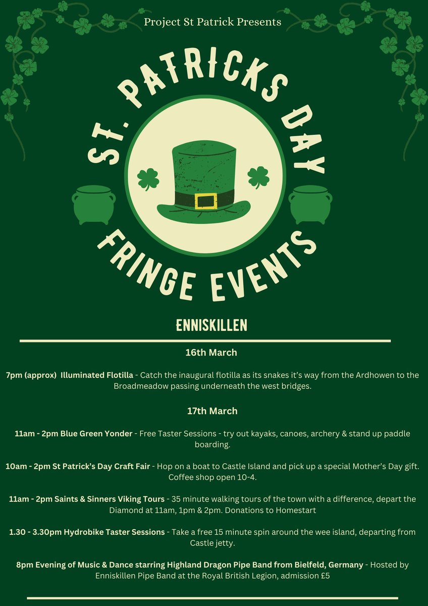 thestpatrick's tweet image. No need for Monday blues when it’s a FOUR DAY WEEK

Here’s some info about our #StPatricksDay Fringe Events and as you’ll see it’s mostly for the bigger ’kids’!

#FunForEveryone #StPatricksDay #Enniskillen #FermanaghLakelands #IrelandsOnlyIslandTown #Waterways #BankHolidayWeekend