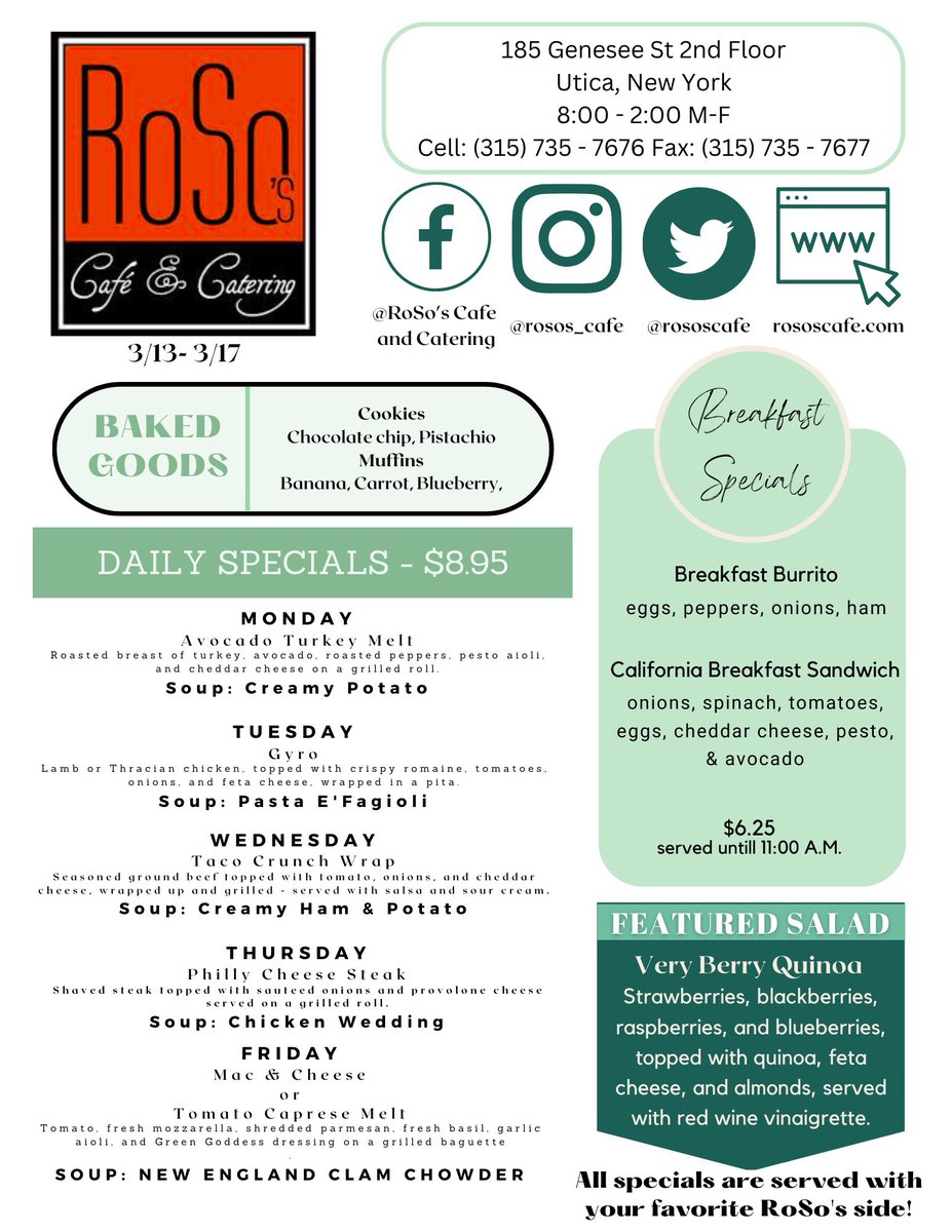 rososcafe's tweet photo. Good Monday Morning! Stop in and enjoy one of our delicious specials! #rososcafe #breakfast #lunch #specials #downtownutica #itsauticathing #catering https://t.co/DrW5AvY6X3